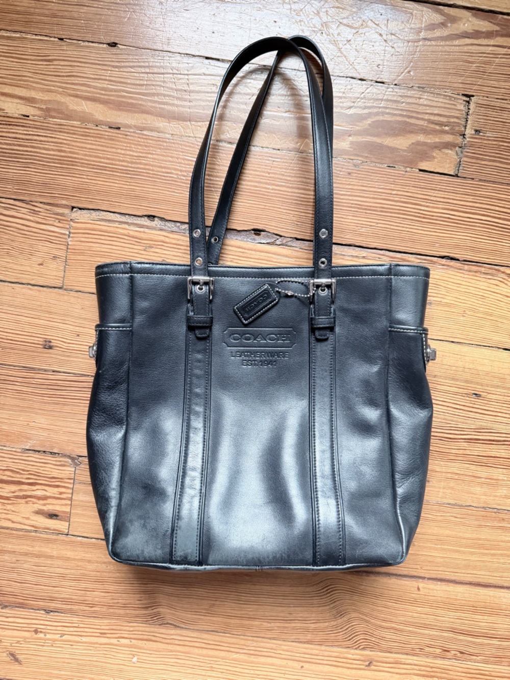 COACH Black Leather Shoulder Tote with Signature Tag